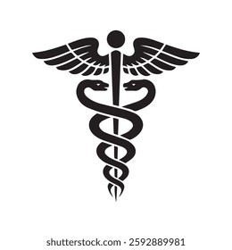 A black caduceus symbol featuring a vertical staff with two serpents coiled around it symmetrically