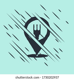 Black Cafe and restaurant location icon isolated on green background. Fork and spoon eatery sign inside pinpoint. Glitch style. Vector Illustration.