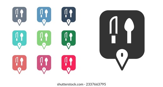 Black Cafe and restaurant location icon isolated on white background. Knife and spoon eatery sign inside pinpoint. Set icons colorful. Vector.