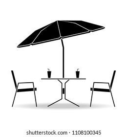 Black cafe table and two chairs under beach umbrella on white background, vector illustration