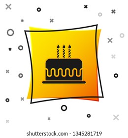 Black Cake with burning candles icon isolated on white background. Happy Birthday. Yellow square button. Vector Illustration