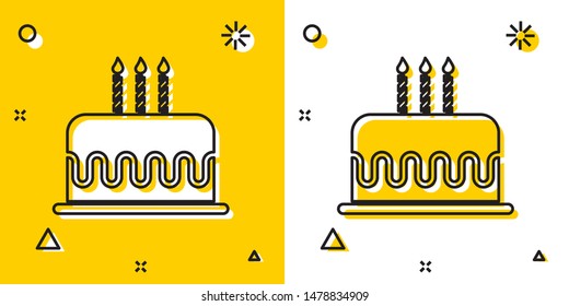Black Cake with burning candles icon isolated on yellow and white background. Happy Birthday. Random dynamic shapes. Vector Illustration