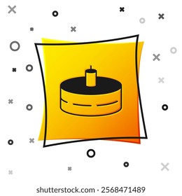 Black Cake with burning candles icon isolated on white background. Happy Birthday. Yellow square button. Vector