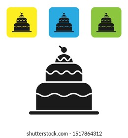 Black Cake icon isolated on white background. Happy Birthday. Set icons colorful square buttons. Vector Illustration