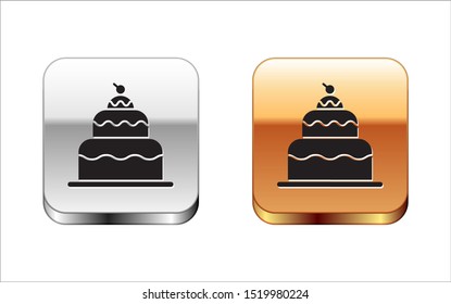 Black Cake icon isolated on white background. Happy Birthday. Silver-gold square button. Vector Illustration