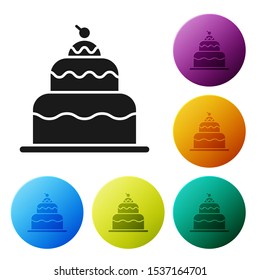Black Cake icon isolated on white background. Happy Birthday. Set icons colorful circle buttons. Vector Illustration