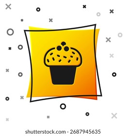 Ícone de bolo preto isolado no fundo branco. Feliz Aniversário. Botão quadrado amarelo. Vetor