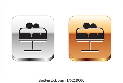 Black Cake on plate icon isolated on white background. Happy Birthday. Silver-gold square button. Vector
