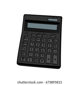 Black calculator for calculations. Electronic assistant for bookkeeping. Tool for counting. Learning math and algebra. Bright illustration on a white background.