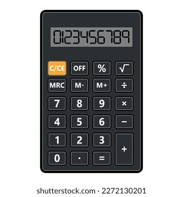 Black calculator with display, buttons and numbers isolated on a white background