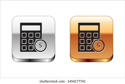 Black Calculator with dollar symbol icon isolated on white background. Money saving concept. Accounting symbol. Silver-gold square button. Vector Illustration