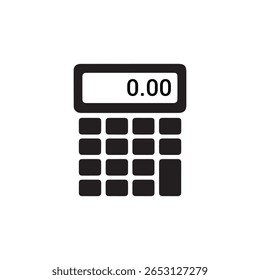 Ícone preto da calculadora exibindo '0,00' em sua tela, contra um fundo branco limpo, design simples e minimalista para representar cálculos e temas relacionados a finanças.