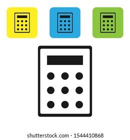 Black Calculator icon isolated on white background. Accounting symbol. Business calculations mathematics education and finance. Set of colorful square icon buttons. Vector Illustration