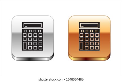 Black Calculator icon isolated on white background. Accounting symbol. Business calculations mathematics education and finance. Silver-gold square button. Vector Illustration