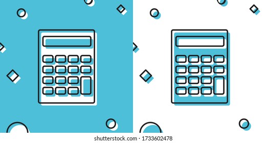 Black Calculator icon isolated on blue and white background. Accounting symbol. Business calculations mathematics education and finance. Random dynamic shapes. Vector Illustration