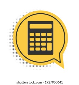 Black Calculator icon isolated on white background. Accounting symbol. Business calculations mathematics education and finance. Yellow speech bubble symbol. Vector