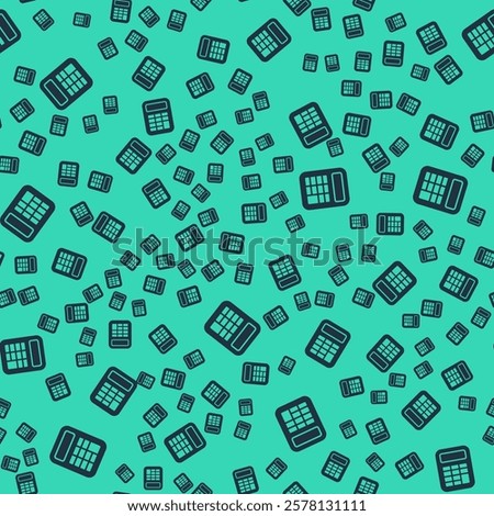Black Calculator icon isolated seamless pattern on green background. Accounting symbol. Business calculations mathematics education and finance.  Vector