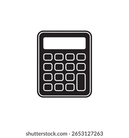 Ícone preto da calculadora em um fundo branco mostra um design simples de ferramenta de computação matemática, adequado para ilustrar temas de finanças, contabilidade ou educação.