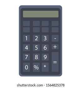 Black calculator with numbers and screen for calculation. Clipart on a white isolated background. Vector illustration in cartoon flat style.