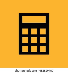 Black calculator vector icon. Yellow background