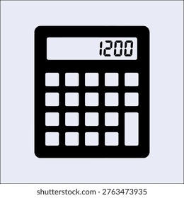 Black calculator with white buttons showing 1200 on gray