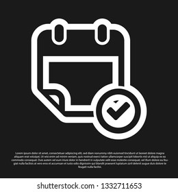 Black Calendar with check mark icon isolated on black background. Vector Illustration