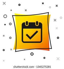Black Calendar with check mark icon isolated on white background. Yellow square button. Vector Illustration