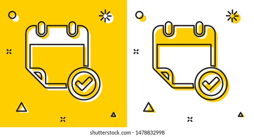Black Calendar with check mark icon isolated on yellow and white background. Random dynamic shapes. Vector Illustration