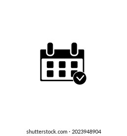 Black Calendar with check mark icon isolated on white background. Set icon in color square buttons. Vector Illustration