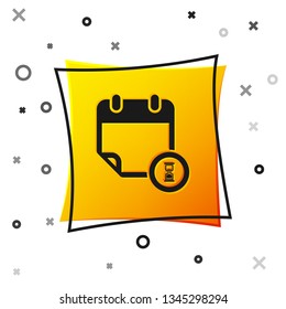 Black Calendar and clock icon isolated on white background. Schedule, appointment, organizer, timesheet, time management, important date. Yellow square button. Vector Illustration