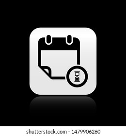 Black Calendar and clock icon isolated on black background. Schedule, appointment, organizer, timesheet, time management, important date. Silver square button. Vector Illustration
