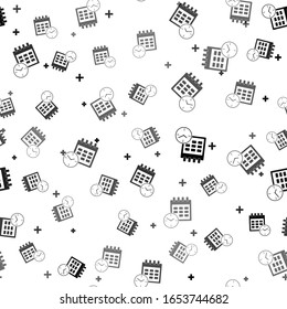 Black Calendar and clock icon isolated seamless pattern on white background. Schedule, appointment, organizer, timesheet, time management, important date. Date and time sign.  Vector Illustration