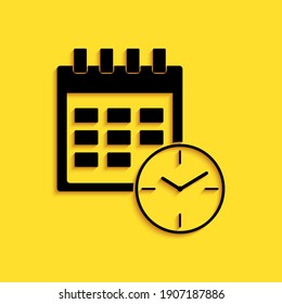 Black Calendar and clock icon isolated on yellow background. Schedule, appointment, organizer, timesheet, time management, important date. Long shadow style. Vector.