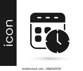 Black Calendar and clock icon isolated on white background. Schedule, appointment, organizer, timesheet, time management.  Vector