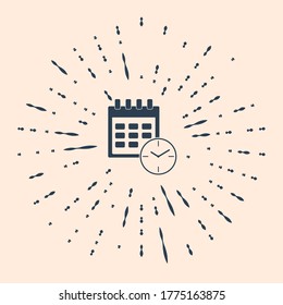 Black Calendar and clock icon on beige background. Schedule, appointment, organizer, timesheet, time management, important date. Date and time sign. Abstract circle random dots. Vector Illustration