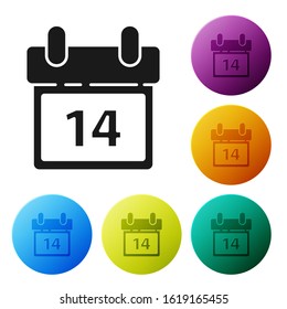 Black Calendar with February 14 icon isolated on white background. Valentines day. Love symbol. Set icons colorful circle buttons. Vector Illustration