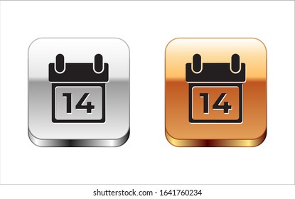 Black Calendar with February 14 icon isolated on white background. Valentines day. Love symbol. Silver-gold square button. Vector Illustration