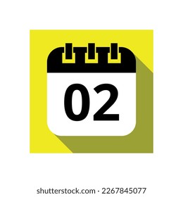 Black calendar flat icon on yellow background, vector illustration of calendar with specific day marked, day 02.