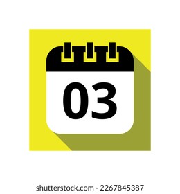 Icono plano del calendario negro sobre fondo amarillo, ilustración vectorial del calendario con fecha específica marcada, día 03.