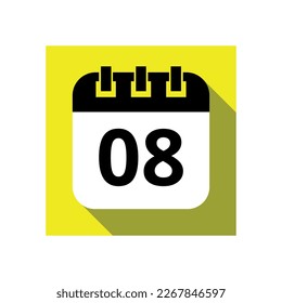 Icono plano del calendario negro sobre fondo amarillo, ilustración vectorial del calendario con fecha específica marcada, día 08.