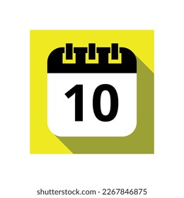 Black calendar flat icon on yellow background, vector illustration of calendar with specific day marked, day 10.