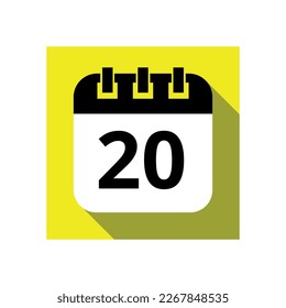 Black calendar flat icon on yellow background, vector illustration of calendar with specific day marked, day 20.