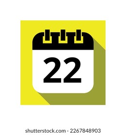 Icono plano del calendario negro sobre fondo amarillo, ilustración vectorial del calendario con día específico marcado, día 22.