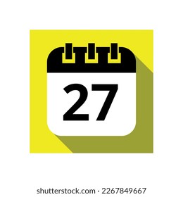 Icono plano del calendario negro sobre fondo amarillo, ilustración vectorial del calendario con día específico marcado, día 27.