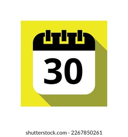Black calendar flat icon on yellow background, vector illustration of calendar with specific day marked, day 30.