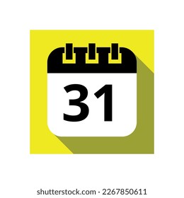 Schwarzer Kalender, flach Symbol auf gelbem Hintergrund, Vektorgrafik des Kalenders mit einem bestimmten Tag markiert, Tag 31.