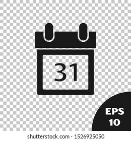 Black Calendar with Halloween date 31 october icon isolated on transparent background. Happy Halloween party.  Vector Illustration