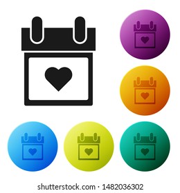 Black Calendar with heart icon isolated on white background. Valentines day. Love symbol. February 14. Set icons colorful circle buttons. Vector Illustration