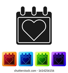 Black Calendar with heart icon isolated on white background. Valentines day. Love symbol. February 14. Set icons in color square buttons. Vector Illustration