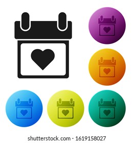 Black Calendar with heart icon isolated on white background. Valentines day. Love symbol. February 14. Set icons colorful circle buttons. Vector Illustration
